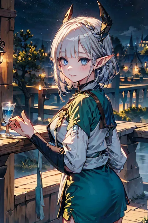 medieval cityscape at night above the clouds,（pointed ears、elf、blue eyes、green date outfit、long eyelashes、silver braided short h...