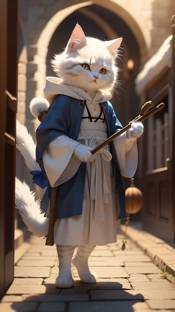 Fluffy white cat, Very detailed cat and fur, A cat dressed as a monk, wearing blue monk clothes:1.6、Slender body、He has a big stick in his hand、 The background is inside the castle、Highly detailed images, Atmospheric light, 50mm lens, (Cat Eyes and Feature Details) Realistic Cat, 8k