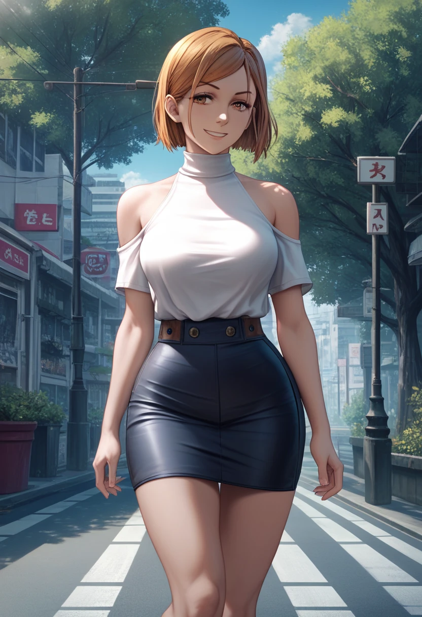 score_9, score_8_up, score_7_up,score_6_up, source_anime, solo, tree on the side of the road, 1girl, kugisaki nobara, smile, looking at viewer , white shirt, off-shoulder shirt, white tight sleeveless turtleneck, thigh-tight skirt, outdoors, city street, blue sky,4K,Detailed,4k highly detailed digital art,masterpiece,best quality,ligne claire,(cool_color),perfect composition,absurdres, {Highest quality}, {so beautiful}, {Very detailed}, {Best illustrations},{uncensored}