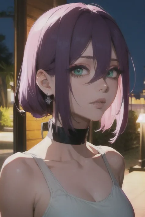 (highest quality)、(highest quality)、cut、chainsaw man、cute、(choker).eyes are emerald、her hair is purple、short bob、beautiful night...