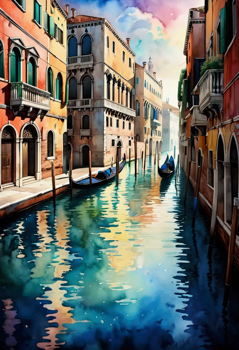 fusion of watercolor and acrylic drawing, landscape painting of Venice, the city of water, cooling off in the clear, beautiful water, mist effects, smear effects, iridescent dust sparkle effects, conceptual installation art, high and fine artwork, delicate and dynamic textures, contrasts of light and shadow, 2.5D, artistic photography, hyper realistic, graphic CG digital art, ultra detailed, absolutely resolution, best quality