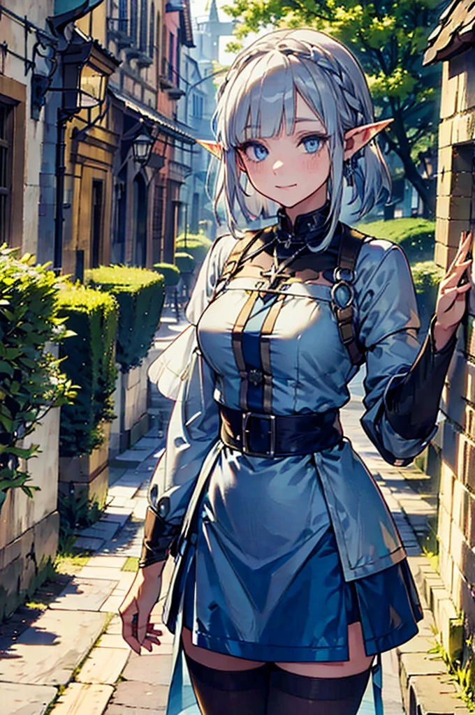 Medieval street with cathedral,（Pointed Ears、Elf、blue eyes、green date outfit、Long eyelashes、Silver braided short hair）