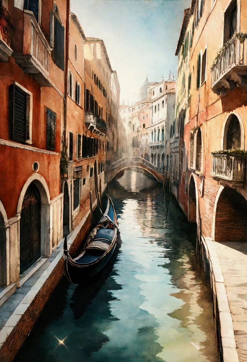 fusion of watercolor and acrylic drawing, landscape painting of Venice, the city of water, cooling off in the clear, beautiful water, mist effects, smear effects, iridescent dust sparkle effects, conceptual installation art, high and fine artwork, delicate and dynamic textures, contrasts of light and shadow, 2.5D, artistic photography, hyper realistic, graphic CG digital art, ultra detailed, absolutely resolution, best quality