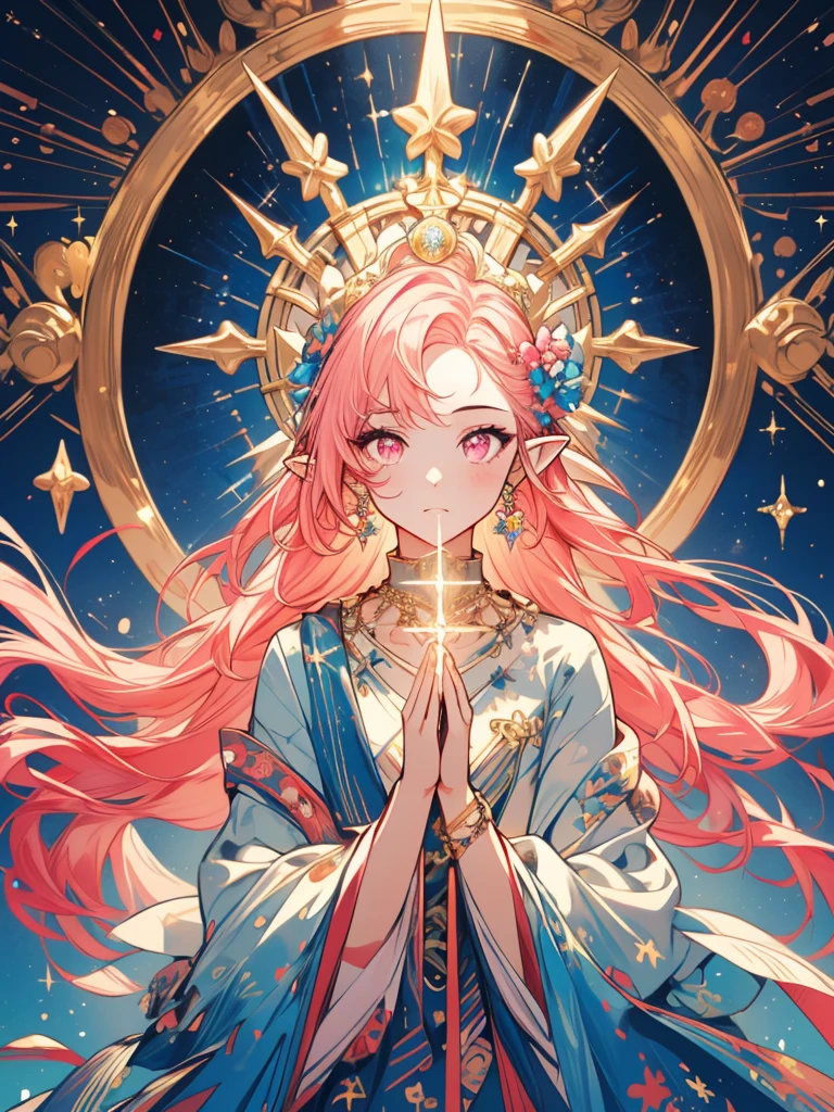 (masterpiece, ultra quality, official art, beautiful and aesthetic:1.2), (1girl), anatomically correct, colorful, ultra highres, unity 8k wallpaper, ultra detailed, pretty, (mandala), divine light, gold foil art, sparkling paintings, long pointy ears, pink eyes, pink hair, iridescent dress, jeweled necklace, view audience, portrait, tarotcard, (arms up, arms out of frame), praying to God,