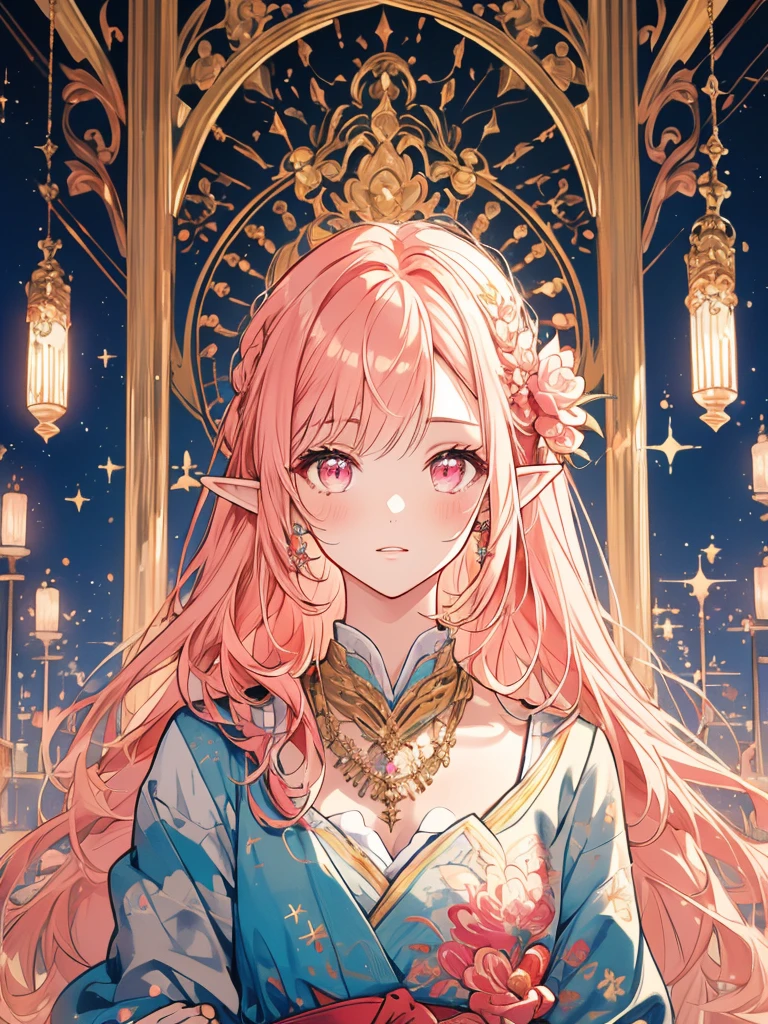 (masterpiece, ultra quality, official art, beautiful and aesthetic:1.2), (1girl), anatomically correct, colorful, ultra highres, unity 8k wallpaper, ultra detailed, pretty, (mandala), divine light, gold foil art, sparkling paintings, long pointy ears, pink eyes, pink hair, iridescent dress, jeweled necklace, view audience, portrait, tarotcard, (arms up, arms out of frame), praying to God,