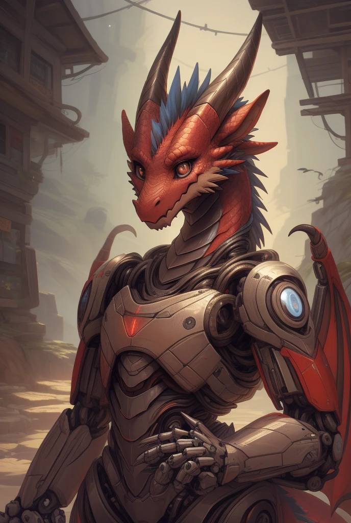 (dragon), (red body, golden details), furry, anthropomorphic, wings, horns, cartoon style, with fantasy background, ((Mechanical nanoskin)), Anatomically correct,Detailed,Detailed face,Detailed eyes,(Realistic fur,Detailed fur:1.25),Detailed background,amazing background