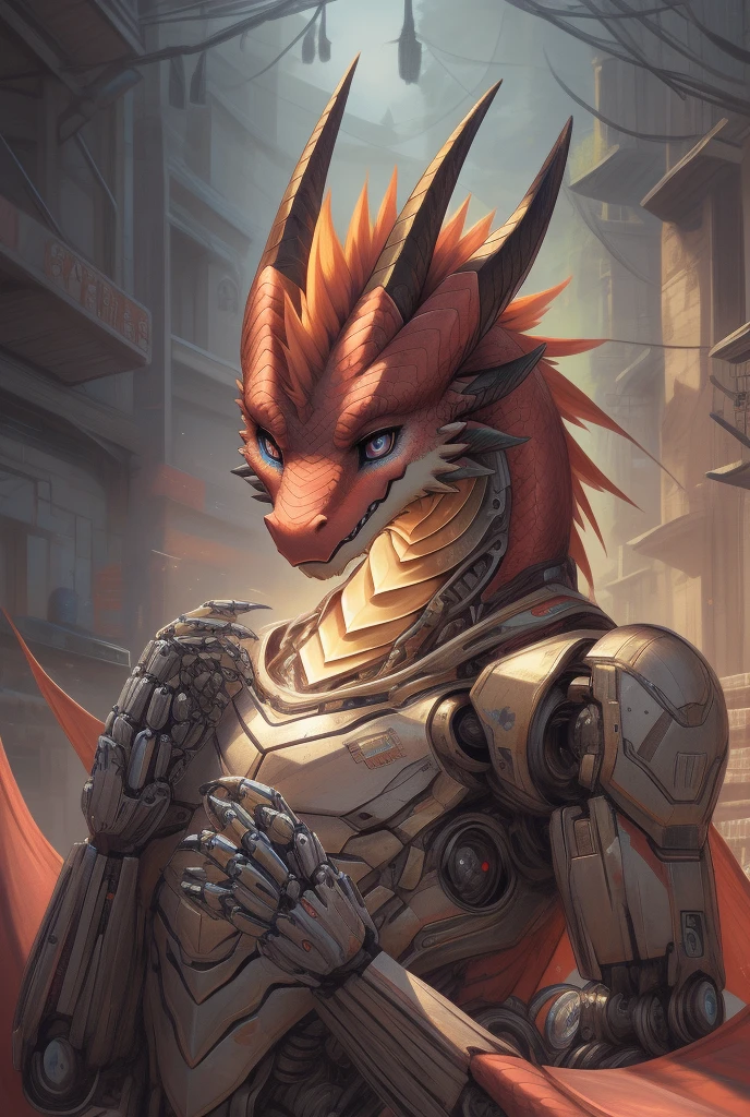 (dragon), (red body, golden details), furry, anthropomorphic, wings, horns, with fantasy background, ((Mechanical nanoskin)), Anatomically correct,Detailed,Detailed face,Detailed eyes,(Realistic fur,Detailed fur:1.25),Detailed background,amazing background, masterpiece