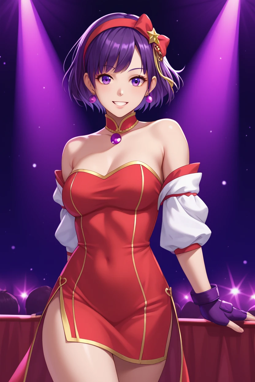 score_9_up, score_8_up, score_7_up,score_6_up, score_5_up, score_4_up , 1girl, solo, AthnaKOFXV, purple hair, purple eyes, short hair, red hairband,pearl (gemstone), off-shoulder, white sleeves, fingerless gloves, short china dress, thighs, happy, cute poses, cowboy shot, stage lights, concert, stage