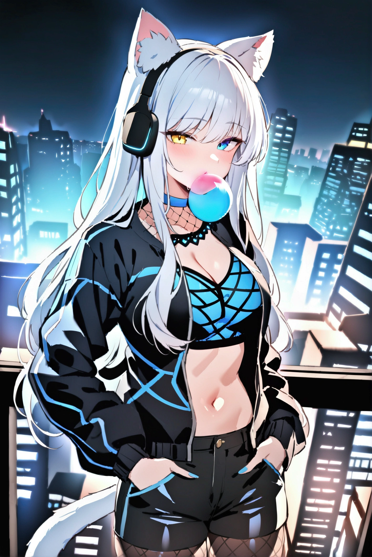 Masterpiece, UHD, anatomically correct, super detail, perfect details, special details, top quality, high qual, high quality, best detail, best quality, 8k, 1080P, 16k, award winning, highres, bright mood, mature girl, long white hair, white cat ears, black headset with blue glowing LEDs, Heterochromia iridum, odd-eye, her left eye is yellow and right eye is blue, blue-black clothing colors, white crop top, fishnet collar, black jacket, black shorts, white cat tail, open belly, blue pattern on jacket, blue neon choker, black thighhighs, blowing green bubble gum, hands in pocket, standing, provocative pose, night, skyline, cat sitting on girl's shoulder and looking at viewer, detailed background, view from above, dynamic angle