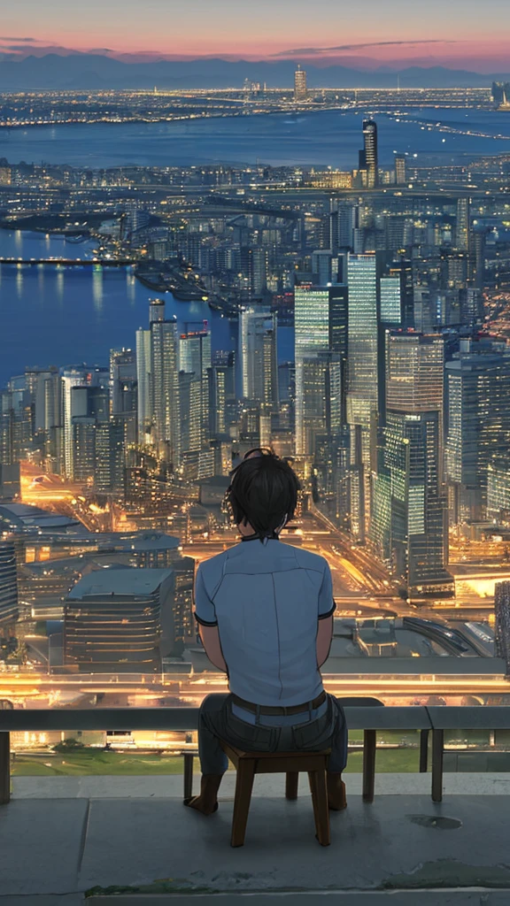 Highest quality，photograph，Beautiful cityscape(Yokohama)，youth，Back view，solo，Sitting on the ground