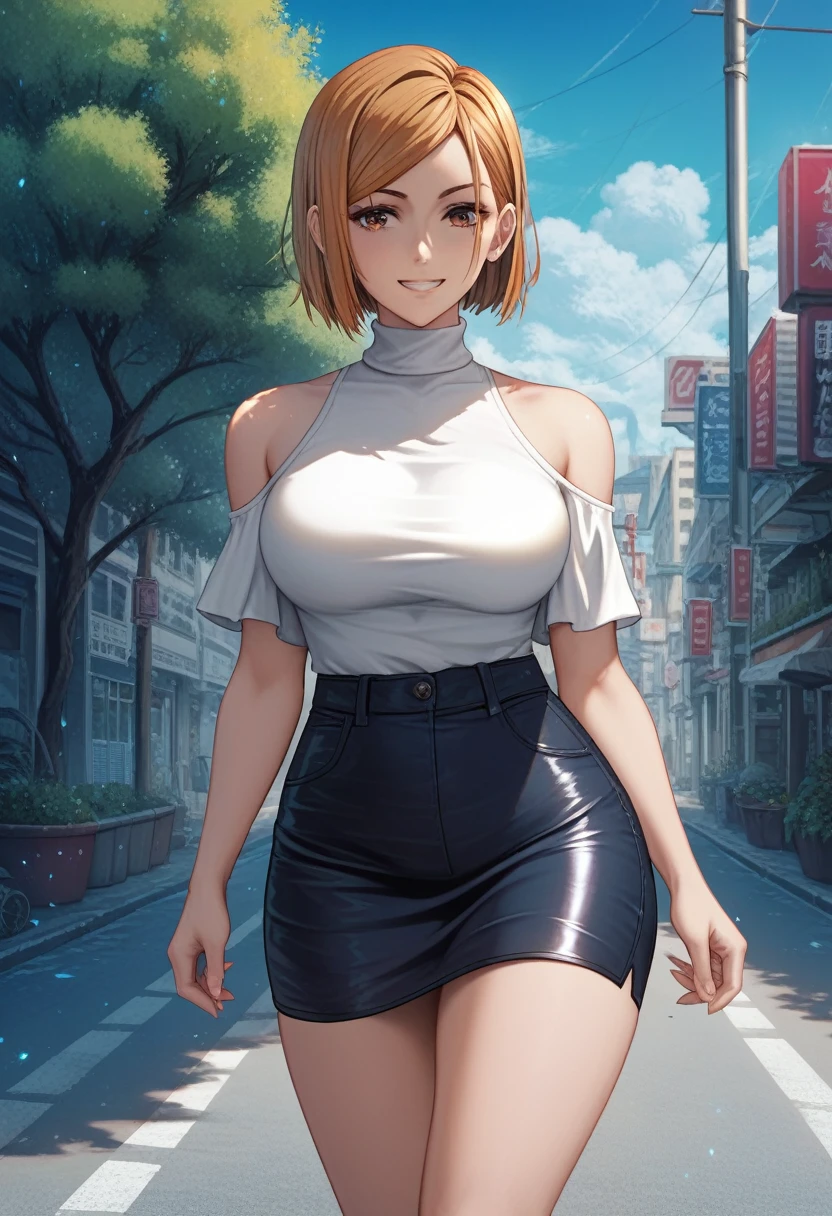 score_9, score_8_up, score_7_up,score_6_up, source_anime, solo, sharp gaze, tree on the side of the road, 1girl, kugisaki nobara, smile, looking at viewer , white shirt, off-shoulder shirt, white tight sleeveless turtleneck, thigh-tight skirt, outdoors, city street, blue sky,4K,Detailed,4k highly detailed digital art,masterpiece,best quality,ligne claire,(cool_color),perfect composition,absurdres, {Highest quality}, {so beautiful}, {Very detailed}, {Best illustrations},{uncensored}