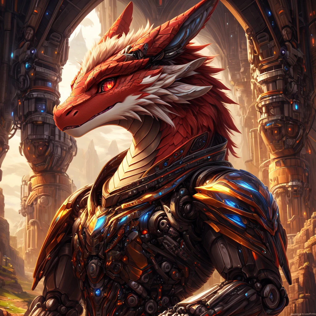 (dragon), (red body, white details), furry, anthropomorphic, fantasy background, ((Mechanical nanoskin)), Anatomically correct, Detailed, Detailed face, Detailed eyes, (Realistic fur, Detailed fur:1.25), Detailed background, amazing background, masterpiece, (front-view), (detailed fur)