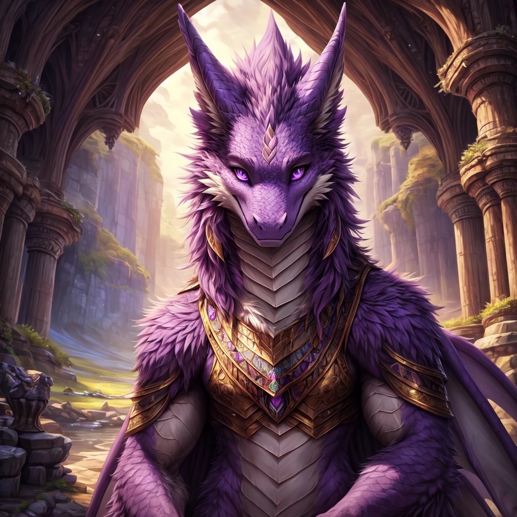 (dragon), (purple body, white details), furry, anthropomorphic, fantasy background, Anatomically correct, Detailed, Detailed face, Detailed eyes, (Realistic fur, Detailed fur:1.25), Detailed background, amazing background, masterpiece, (front-view), (detailed fur)