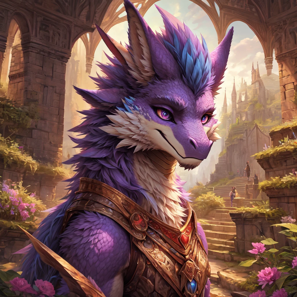 (dragon), (purple body, white details), furry, anthropomorphic, fantasy background, Anatomically correct, Detailed, Detailed face, Detailed eyes, (Realistic fur, Detailed fur:1.25), Detailed background, amazing background, masterpiece, (detailed fur)