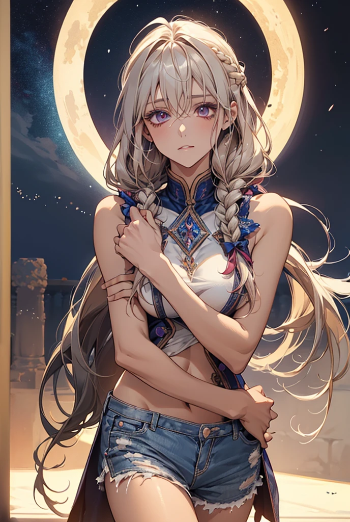 ((masterpiece)), ((Best quality)), (high resolution), (illustration), (an extremely delicate and beautiful), (ultra detailed beautiful face and eyes), nsfw,   1girl, leaning forward,  YukineChris, long hair, purple eyes, twintails, low twintails, ahoge, large breasts,volumetric lightning, moon night,knight_armor
detailed skin texture, detailed, volumetric shadow, anime screencap,Highest quality, Sorceress, ancient babylonian nobility, ((tan skin:1.2)), (brown skin color),Long hair, twin braids, hair ornament, wine colored hair, smile, Below average size breasts, bare shoulders, Leg spread、Groin、Yukine Chris、Wet condition
nude、Wet_shirt,Wet _underwear、tear_underwear
8K, masterpiece, Best_quality, high_resolution, ultra_details, detailed, 1girl, 独奏, looking_at_viewer, upper_body, braid, bangs, white_hair, hair_ribbon, hair_between_eyes, blue shorts、style(open_reg,hip_up)

sidelocks,depth_of_field,french_braid, sharp focus, perfect hands, perfect face, perfect eyes, perfect light, dynamic light, natural light, Masterpiece, Best quality, Cang、green、moon、