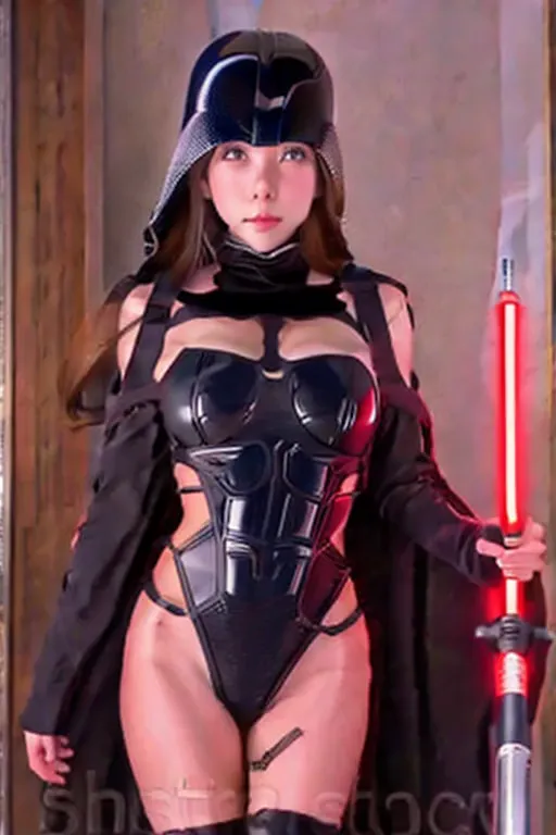 cute yuna (age 25, in the role of darth vader, sex outfit) the sci fi hallway is lit only by her single red light saber, sultry ...