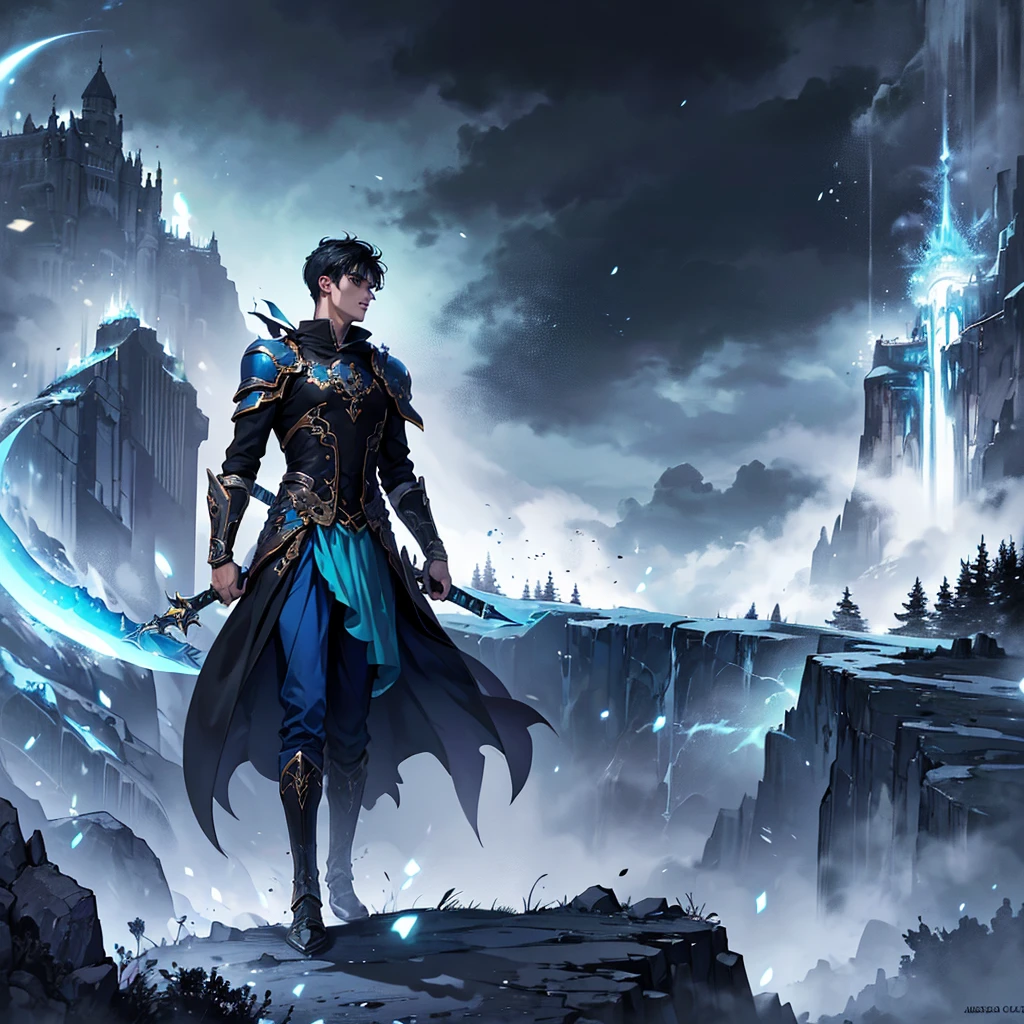 a young man in his twenties with beautiful detailed eyes, beautiful detailed lips, black hair and blue eyes, extremely detailed eyes and face, short eyelashes and short hair, cool pose, holding cyan spell in left hand and right hand holding a sword, a lot of cyan sparks around him, from a distance, colorful, vibrant, lush, volumetric lighting, contrast, depth of field, landscape painting, concept art, intricate tiny details, stylized, cloudy skies, moonlit night starry skies, fantasy, ancient kingdom city scenery, snow, waterfall, blooming trees, grass, flowers, Rocky Mountains and forest snow in the background, dead city, detailed character, intricate details, 2d digital art, cinematic lighting, moody atmosphere, dark fantasy, high contrast, vibrant colors, (best quality,4k,8k,highres,masterpiece:1.2),ultra-detailed,(realistic,photorealistic,photo-realistic:1.37), Day sky, focus on details, fullbody, perfect face, bright blue eyes, fantasy magic:1.4