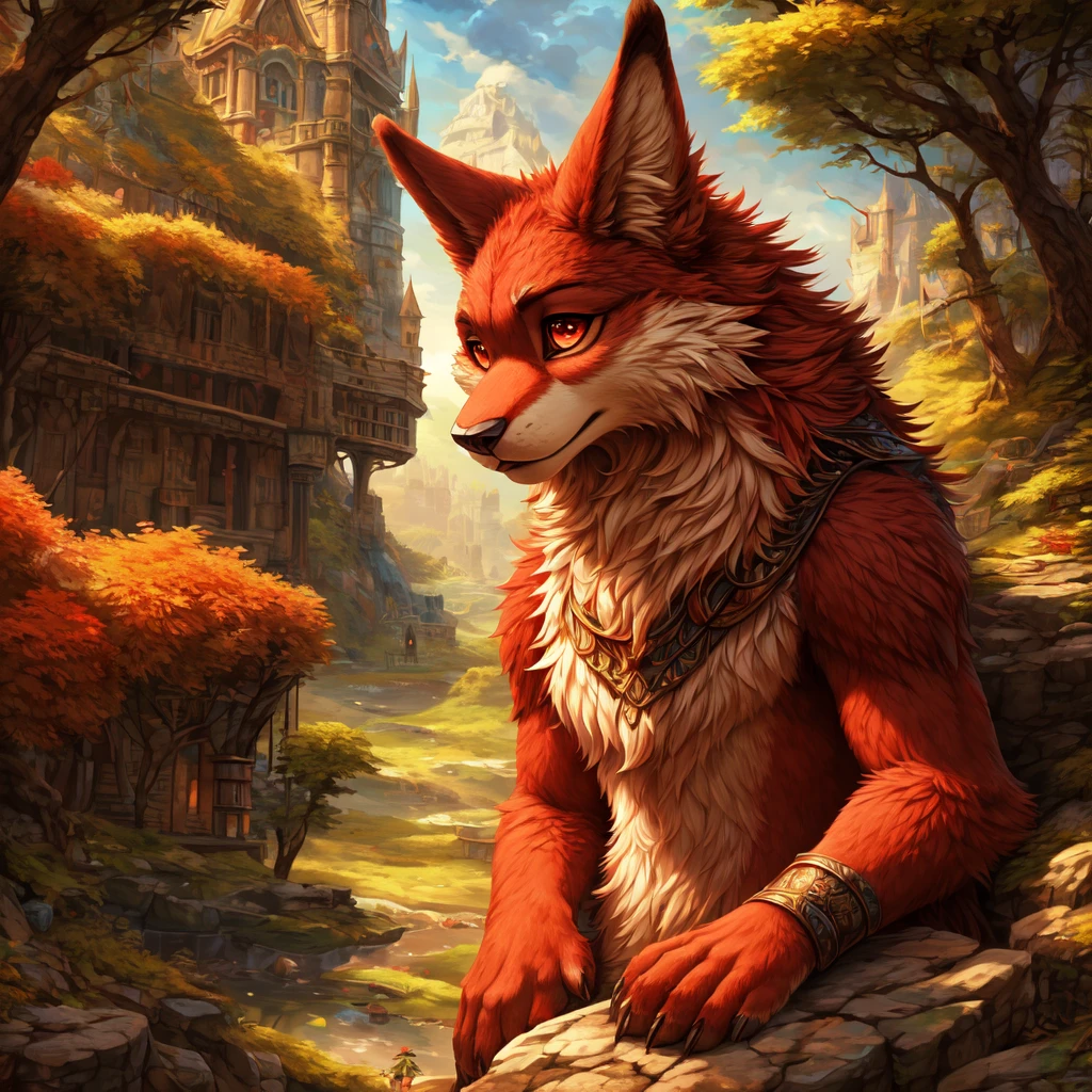 (red body, white details), furry, anthropomorphic, fantasy background, Anatomically correct, Detailed, Detailed face, Detailed eyes, (Realistic fur, Detailed fur:1.25), Detailed background, amazing background, masterpiece, (detailed fur), ((cartoon))