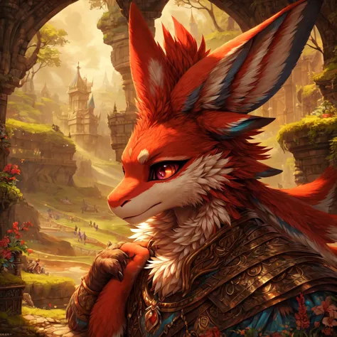 (avali), (red body, white details), furry, anthropomorphic, fantasy background, anatomically correct, detailed, detailed face, d...