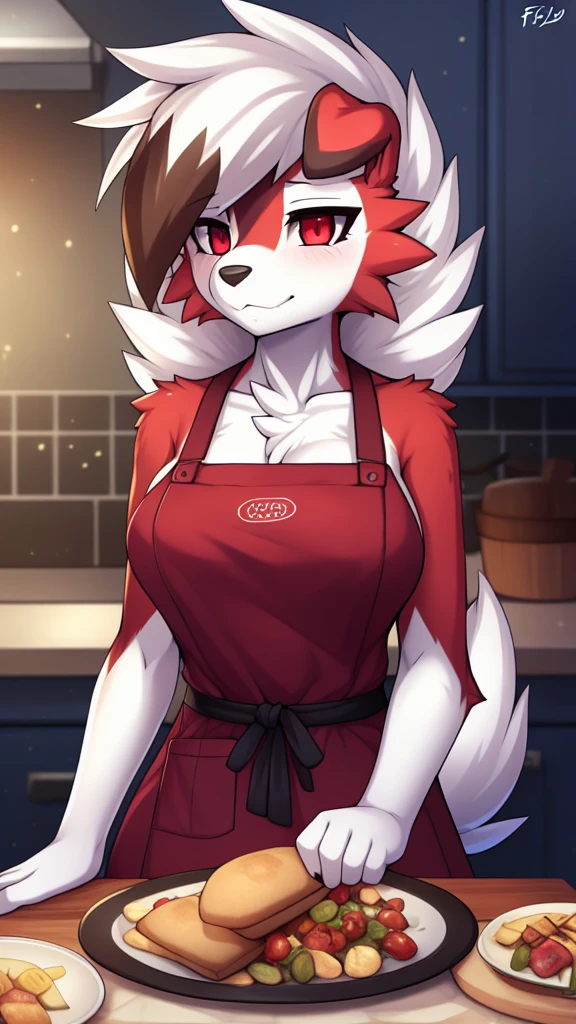 By zinfyu,by twistedscarlet60, uploaded on pixiv, by fluff-kevlar, (masterpiece), (best quality), (solo female:1.2), (extremely detailed:1.3),(detailed eye,black circle on eye,white red eye), lycanroc midnight, view on viewer, close view, shy face, half body on potrait, only body and head, close view, wearing cooking apron,in kitchen, serving many food, (tail:1.1), closeup photo of lycanroc, adult body posture