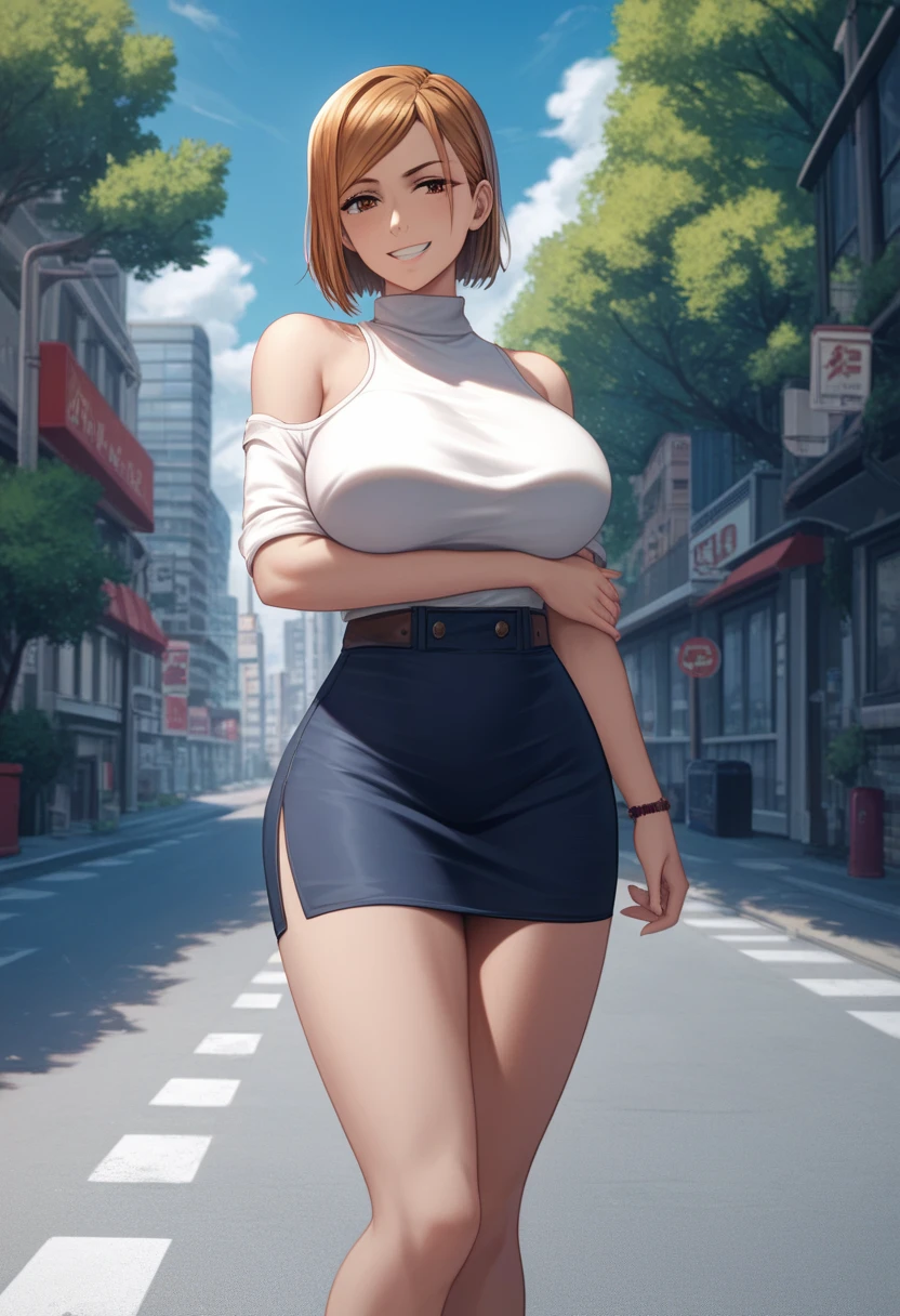 score_9, score_8_up, score_7_up,score_6_up, source_anime, solo,hand on own arm, large breast, sharp gaze, tree on the side of the road, 1girl, kugisaki nobara, smile, looking at viewer , white shirt, off-shoulder shirt, white tight sleeveless turtleneck, thigh-tight skirt, outdoors, city street, blue sky,4K,Detailed,4k highly detailed digital art,masterpiece,best quality,ligne claire,(cool_color),perfect composition,absurdres, {Highest quality}, {so beautiful}, {Very detailed}, {Best illustrations},{uncensored}