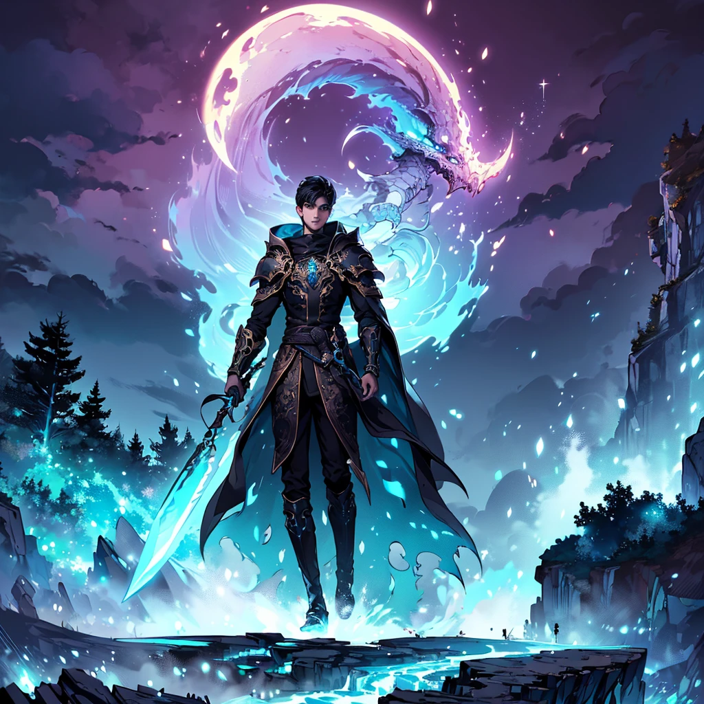 a young man in his twenties with beautiful detailed eyes, beautiful detailed lips, black hair and blue eyes, extremely detailed eyes and face, short eyelashes and short hair, cool pose, holding cyan spell in left hand and right hand holding a sword, a lot of cyan sparks around him, from a distance, colorful, vibrant, lush, volumetric lighting, contrast, depth of field, landscape painting, concept art, intricate tiny details, stylized, cloudy skies, moonlit night starry skies, fantasy, ancient kingdom city scenery, snow, waterfall, blooming trees, grass, flowers, Rocky Mountains and forest snow in the background, dead city, detailed character, intricate details, 2d digital art, cinematic lighting, moody atmosphere, dark fantasy, high contrast, vibrant colors, (best quality,4k,8k,highres,masterpiece:1.2),ultra-detailed,(realistic,photorealistic,photo-realistic:1.37), Day sky, focus on details, fullbody, perfect face, bright blue eyes, fantasy magic:1.4