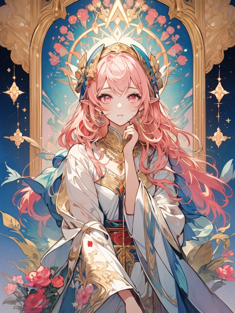 (masterpiece, ultra quality, official art, beautiful and aesthetic:1.2), (1girl), anatomically correct, colorful, ultra highres, unity 8k wallpaper, ultra detailed, pretty, (mandala), divine light, gold foil art, sparkling paintings, long pointy ears, pink eyes, pink hair, iridescent dress, jeweled necklace, view audience, portrait, tarotcard, (arms up, arms out of frame), praying to God, by Alfons Mucha,