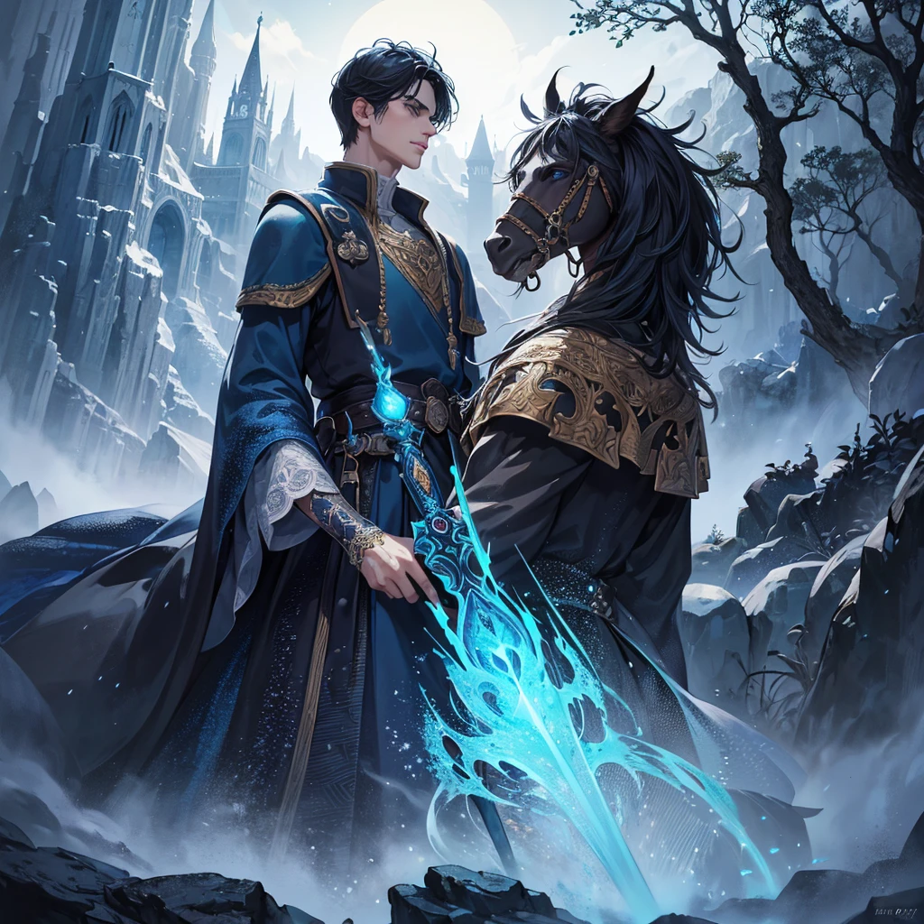 a young man in his twenties with beautiful detailed eyes, beautiful detailed lips, black hair and blue eyes, extremely detailed eyes and face, short eyelashes and short hair, cool pose, holding cyan spell in left hand and right hand holding a sword, a lot of cyan sparks around him, from a distance, colorful, vibrant, lush, volumetric lighting, contrast, depth of field, landscape painting, concept art, intricate tiny details, stylized, cloudy skies, moonlit night starry skies, fantasy, ancient kingdom city scenery, snow, waterfall, blooming trees, grass, flowers, Rocky Mountains and forest snow in the background, dead city, detailed character, intricate details, 2d digital art, cinematic lighting, moody atmosphere, dark fantasy, high contrast, vibrant colors, (best quality,4k,8k,highres,masterpiece:1.2),ultra-detailed,(realistic,photorealistic,photo-realistic:1.37), Day sky, focus on details, fullbody, perfect face, bright blue eyes, fantasy magic:1.4