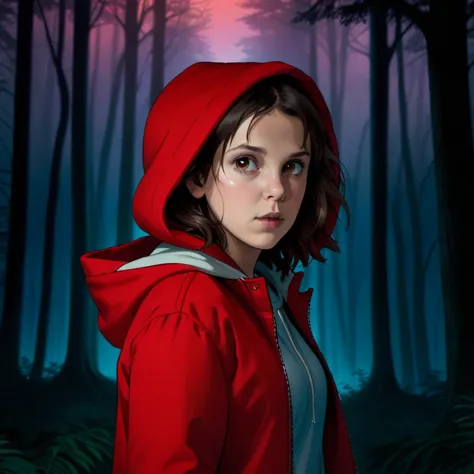 milli3 woman, millie bobby brown, 1 girl wearing red jacket and hood, netflix, stranger things eleven, in a dark forest, front v...