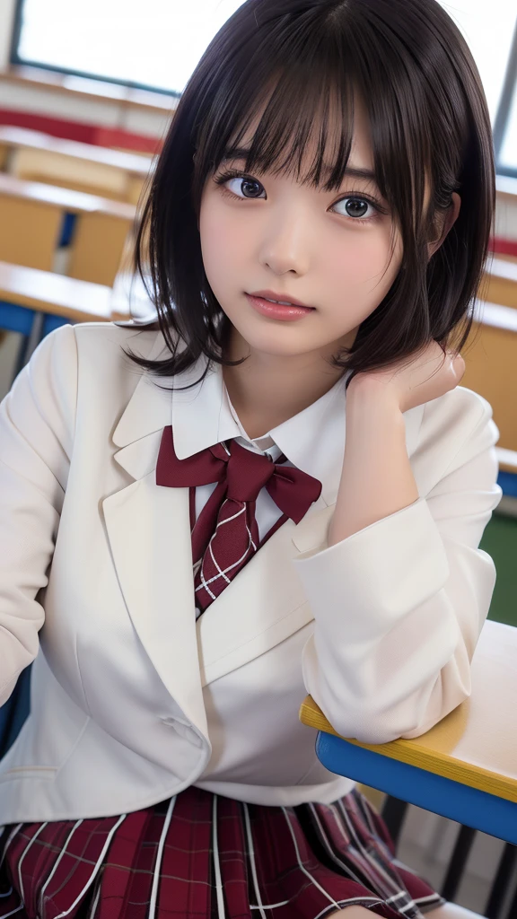 ((masterpiece, Highest quality, High resolution)), Japanese schoolgirl、(Realistic: 1.4), Kissing Face、close your eyes、With lips pursed、Great face,Glossy Lips、, short hair、(Beautiful Hair:1.5), Japanese High School Uniform、(White blazer、White jacket)、(White dress shirt)、(Red tie)、(Very short pleated skirt、The ultimate short pleated skirt)、学校のclassroom(classroom:1.5)、Front angle、Smooth, Highly detailed CG composite 8K wallpaper, High resolutionのRAWカラー写真, Professional photography, Light, BackLight, dream-like, impressive, Written boundary depth, (Face close-up:1.5)