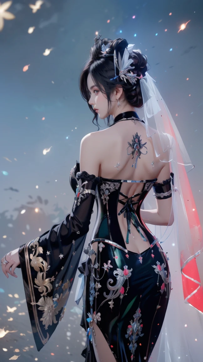 ((Extremely detailed CG unity 8k wallpaper)), masterpiece, Extremely detailed, floating, high resolution, Sexual suggestion, (small, Absurdly long white hair, Princess, White Mage, blue eyes, (Gorgeous White and Red Sheer Layered Maxi Dress，With detachable wide sleeves and intricate embroidery), Wedding Veil, ring, Bridal Gloves, blush, Shy, arching back, Ruffled petticoat, Gorgeous corset,