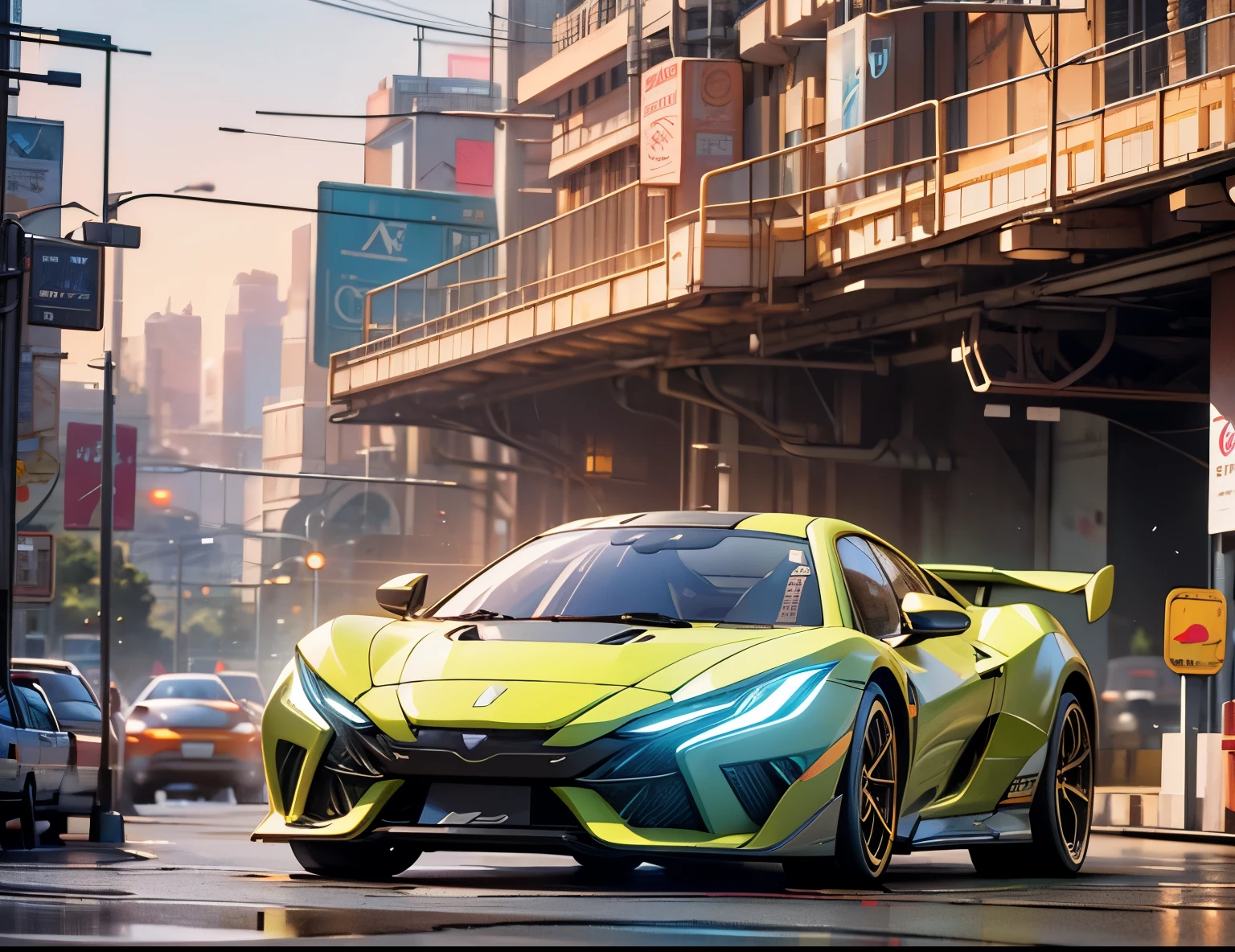 A hyperrealistic, professional photograph of a futuristic supercar with vibrant, bold colors like electric blue or neon green, set in a futuristic city street during the late afternoon. The car has a sleek, aerodynamic design with sharp lines and glowing accents, reflecting the soft, golden light of the setting sun. The background features a bustling cityscape with towering skyscrapers and flying cars zooming through the sky, blending advanced technology with urban elements. The street is filled with glowing signs and holographic displays, giving the entire scene a futuristic yet vibrant atmosphere. Every detail of the supercar, from the polished surface to the intricate lighting, is captured with perfect precision and realism.",