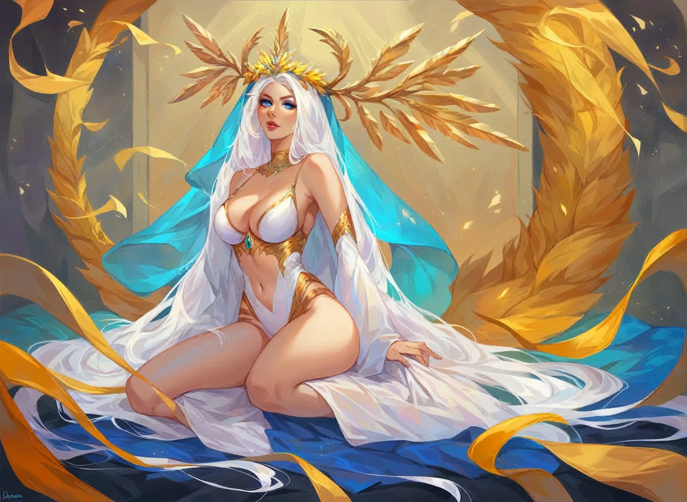 femina, very beautiful, very sexy, ultra detailed, HD, 8k, white hair, Dynamic style hair, blue colored eyes, eyes flash blue and white rays, golden laurel wreath, NSFW, can control lightning, full body view, age of 18 years