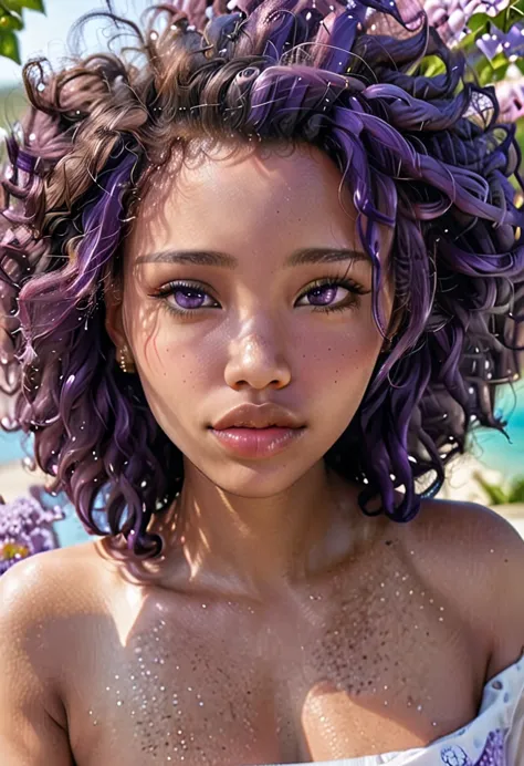 zydg, 1 girl, skin detailed, gazing at viewer, eyes browns, (afro hair with purple colored curls:3.2), (breasts big:1.0), (mediu...