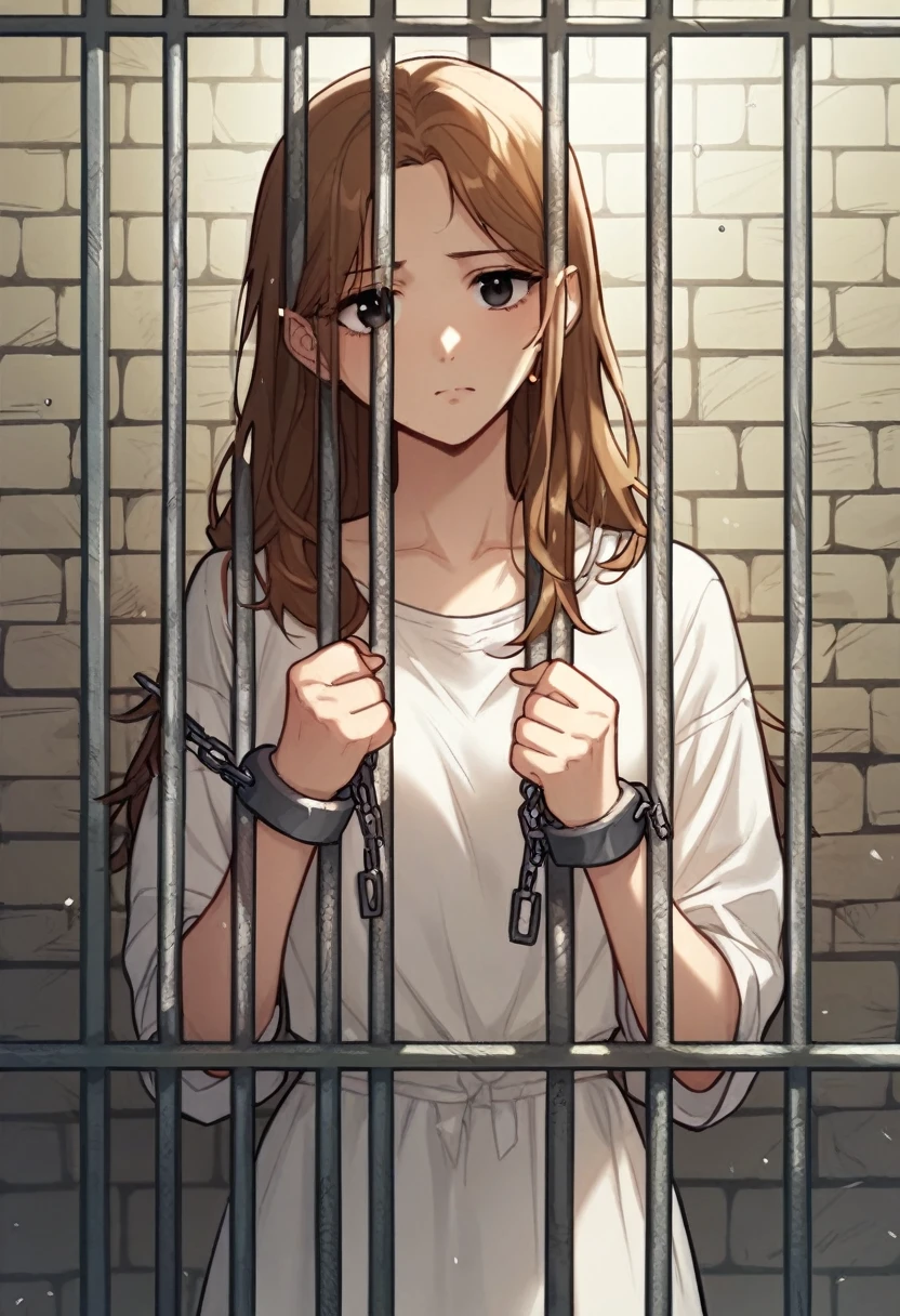 check_9, check_8_up, check_7_up, check_6_up, check_5_up, check_4_up, BREAK источник_anime, manhwa-artstyle, 1 girl, worth, white shirt, solo, looks at the viewer, putting arms, chains, shackles, brown hair, black eyes, jail, long hair, dungeon, medieval prison, worth, 