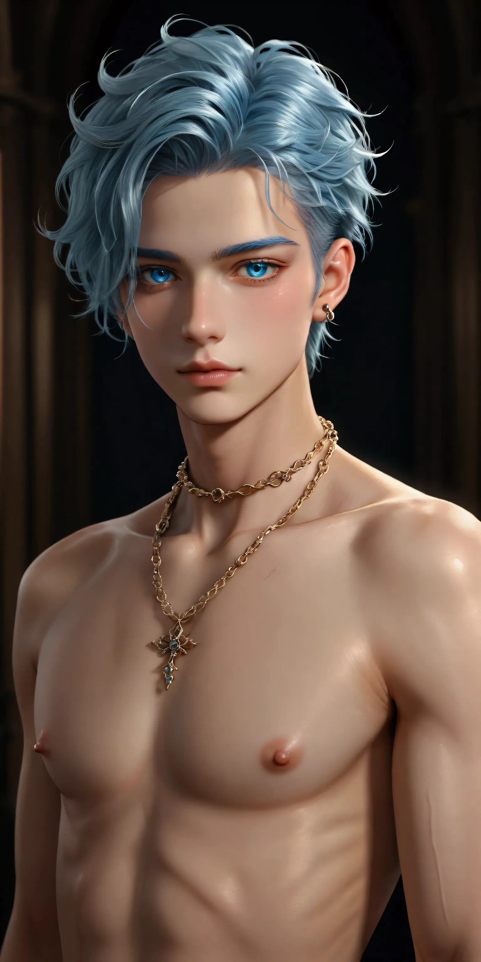 beautiful and skelt young anime man blue eye blond hair half body shot flowers in the background, twink, piercing, neck chain, s...