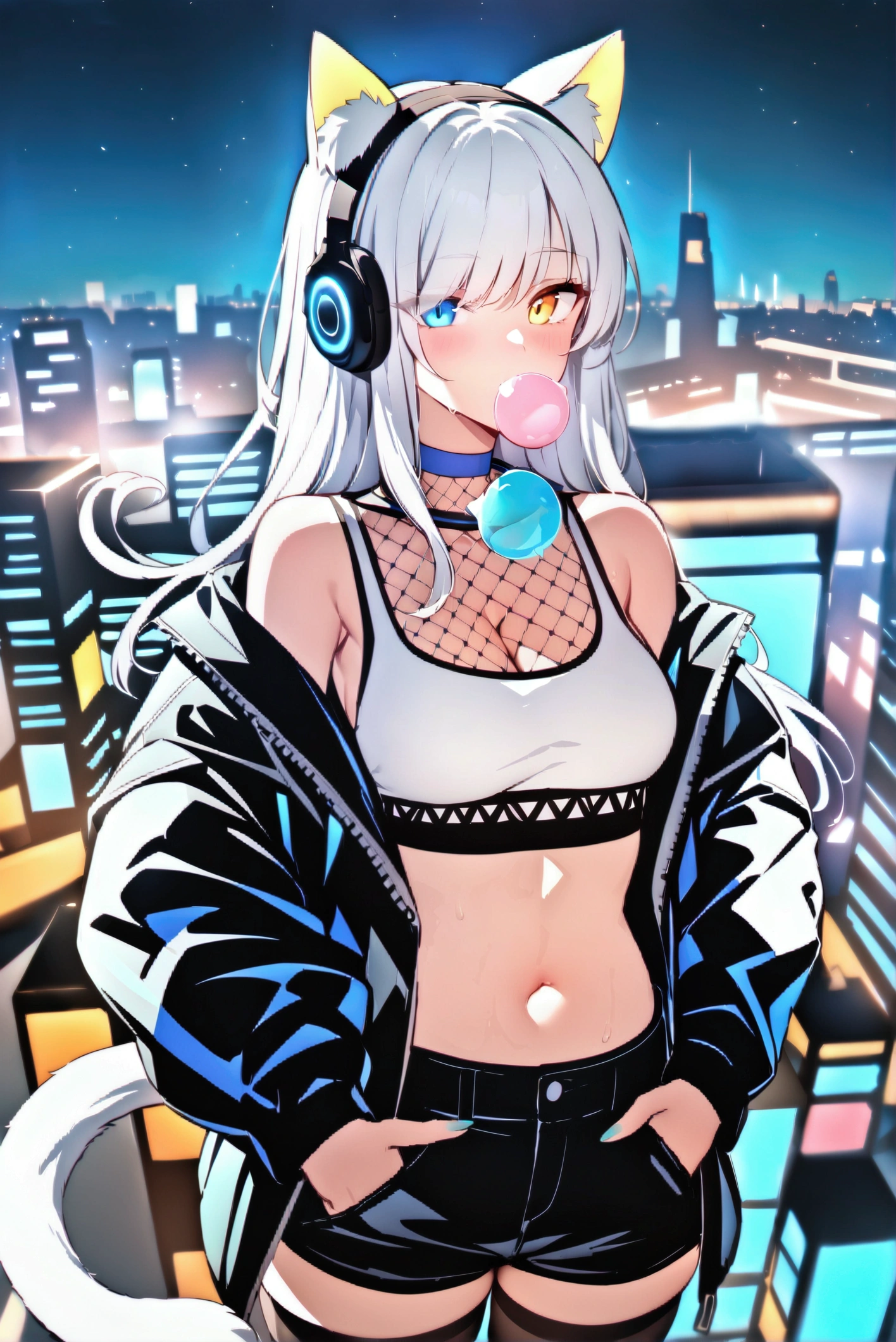 Masterpiece, UHD, anatomically correct, super detail, perfect details, special details, top quality, high qual, high quality, best detail, best quality, 8k, 1080P, 16k, award winning, highres, bright mood, mature girl, long white hair, white cat ears, black headset with blue glowing LEDs, Heterochromia iridum, odd-eye, her left eye is yellow and right eye is blue, blue-black clothing colors, white crop top, fishnet collar, black jacket, black shorts, white cat tail, open belly, blue pattern on jacket, blue neon choker, black thighhighs, blowing green bubble gum, hands in pocket, standing, provocative pose, night, skyline, cat sitting on girl's shoulder and looking at viewer, detailed background, view from above, dynamic angle