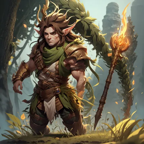 make an image of an adult male elf with long brown hair and green eyes wearing full armor without a helmet holding a long sword ...