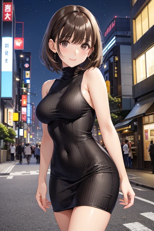 anegasaki nene、Shiny brown hair, short hair, (Beautiful brown eyes、Sparkling eyes, Fine grain)、smile、Ultra-detailed eyes、非常にDetailed face, Very detailed目,Cowboy Shot、



(Highest quality:1.4),  supposition,break,

(Walking along Tokyo Street、standing on street corner)、Slim body、(Black tight sleeveless turtleneck ribbed dress:1.4、Sleeveless tight mini dress:1.3、Bodycon、barefoot)、

break, (masterpiece, Highest quality, Very detailed, Detailed face, 8k)