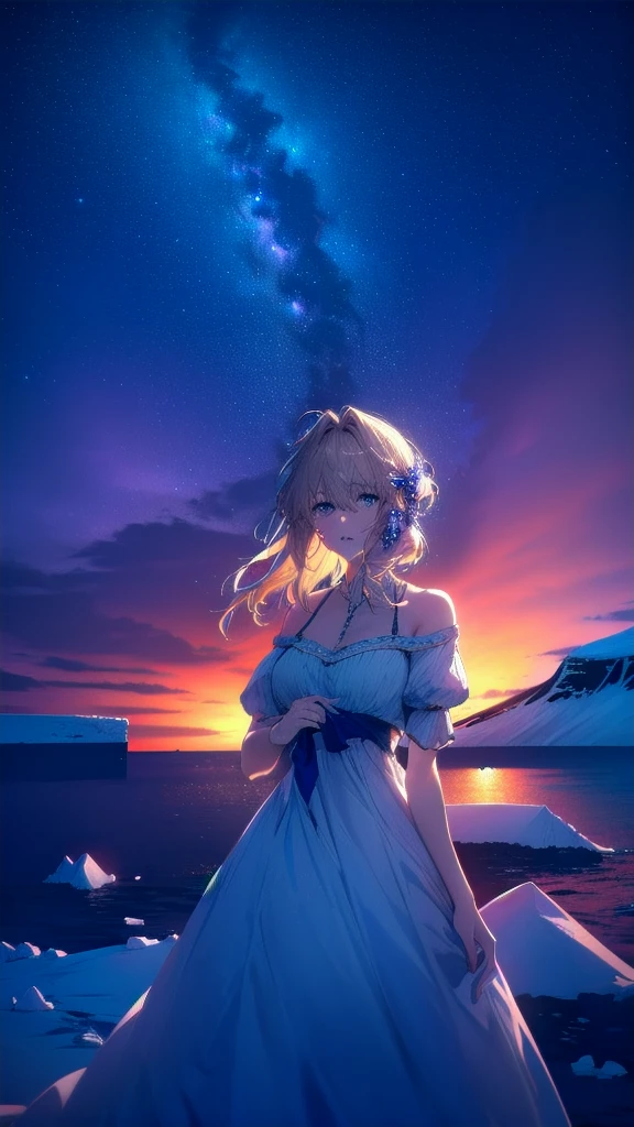 Violet Evergarden, 1 girl, solitary, Check viewers, blue eyes, blonde hair, greek clothing, spectacular starry sky, naked, Staring at the audience, Big breasts, Flying in the starry sky. (best quality, 4K, 8K, high resolution, masterpiece:1.2), Super detailed, (actual, photoactual, photo-actual:1.37), high dynamic range, ultra high definition, studio lighting, Ultra-fine coating, sharp focus, Physically based rendering, extremely detailed description, professional, bright colors, Bokeh, portrait, Purple tone, ethereal lights,(((Very attractive：2.0)))，(((Antarctica in the background)))，(((Bejeweled Greek Dress)))，