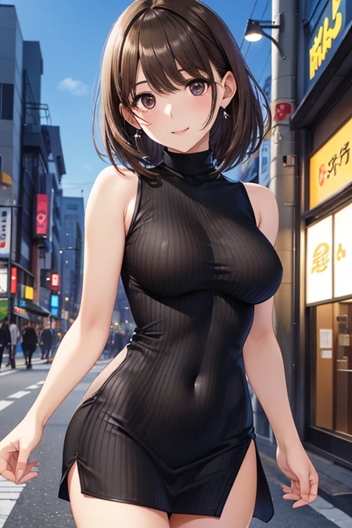 anegasaki nene、Shiny brown hair, short hair, (Beautiful brown eyes、Sparkling eyes, Fine grain)、smile、Ultra-detailed eyes、非常にDetailed face, Very detailed目,Cowboy Shot、



(Highest quality:1.4),  supposition,break,

(Walking along Tokyo Street、standing on street corner)、Slim body、Erect nipples、(Black tight sleeveless turtleneck ribbed dress:1.4、Sleeveless tight mini dress:1.3、Bodycon、barefoot)、

break, (masterpiece, Highest quality, Very detailed, Detailed face, 8k)