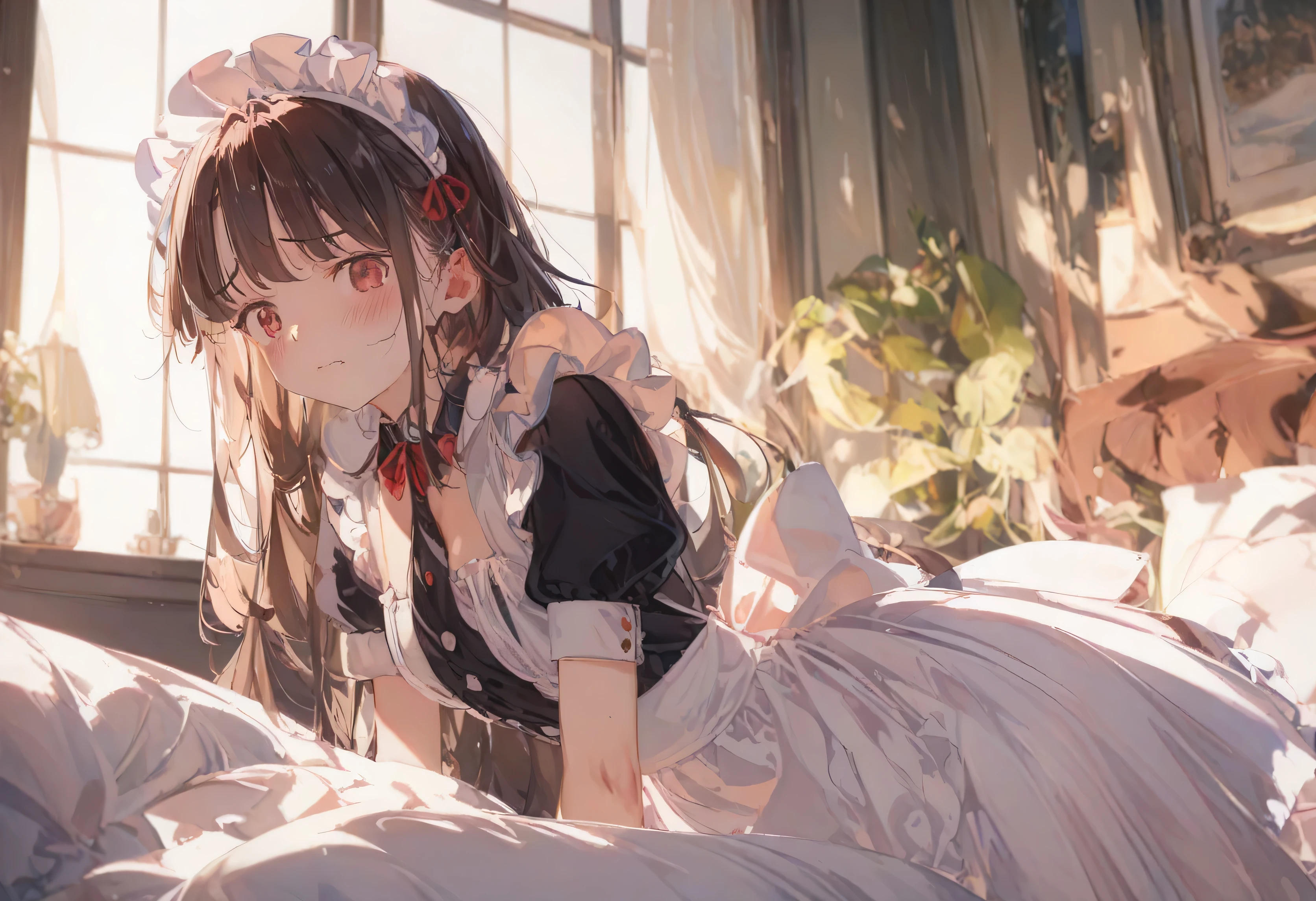 (((Ultra-high resolution))), (((Highest quality: 1.4))), ((Super Detail: 1.4)) , whole body、One Girl、Low Nose、whole body images、((Beautiful sister))、((Classic white maid outfit))、Long skirt length、(((Pull up your skirt)))、Long Hair、Dark brown hair、((Disheveled Hair))、bangs、Braiding、Beautifully shaped, soft small breasts、Very beautiful white skin、Very embarrassed look、((Red cheeks))、On the bed、rape