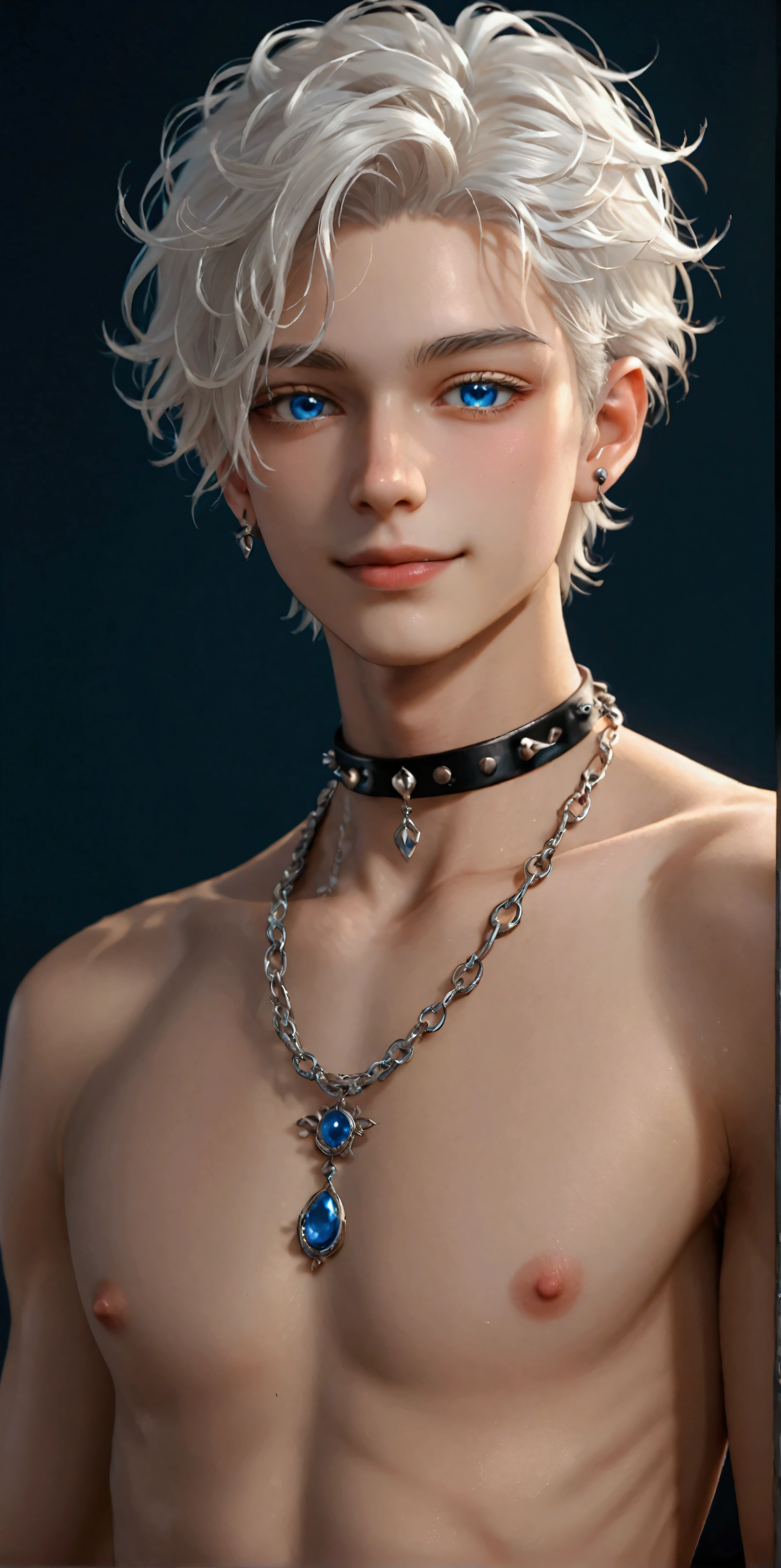 beautiful and skelt young anime man blue eye blond white hair half body shot flowers in the background, twink, piercing, neck chain, sharp blue eye, naked body, niple piercing, erected niples, half body, happy face,