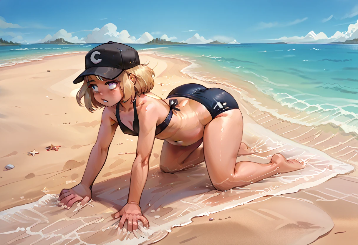 A blonde woman at the beach, skinny, (burp:1.5) (on all fours) belly hang, belly touching ground , belly bigger than body,  bikini top, black baseball hat((arched back)), beach bar background puffed legs, puffed arms