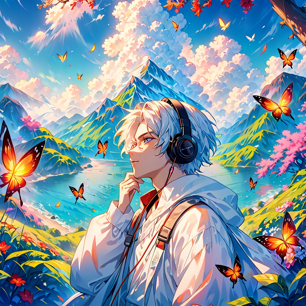 anime boy With headphones and butterflies, Anime style 4k, Anime Art Wallpaper 4K, Anime Art Wallpaper 4K, anime boy, High-quality anime art style, Anime atmosphere, anime style only, anime art wallpaper 8 k, Fantasy psychedelic anime, With headphones, Anime Wallpaper 4K, Anime Wallpaper 4K, An anime enthusiast, Anime Aesthetics, listen to music