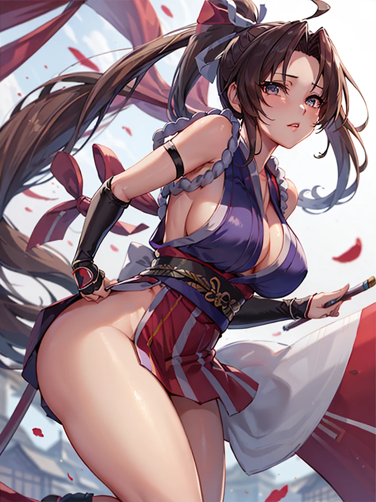 masterpiece, best quality, (realistic, 1girl, solo, beautiful face, detailed face, beautiful eyes), (breasts), thighs, long hair,  shiranui mai akiryo style,shiranui mai, ponytail, breasts contains, red, shinobi, ninja, bare shoulder, elbow gloves, skirt curtain, hand fan, fans