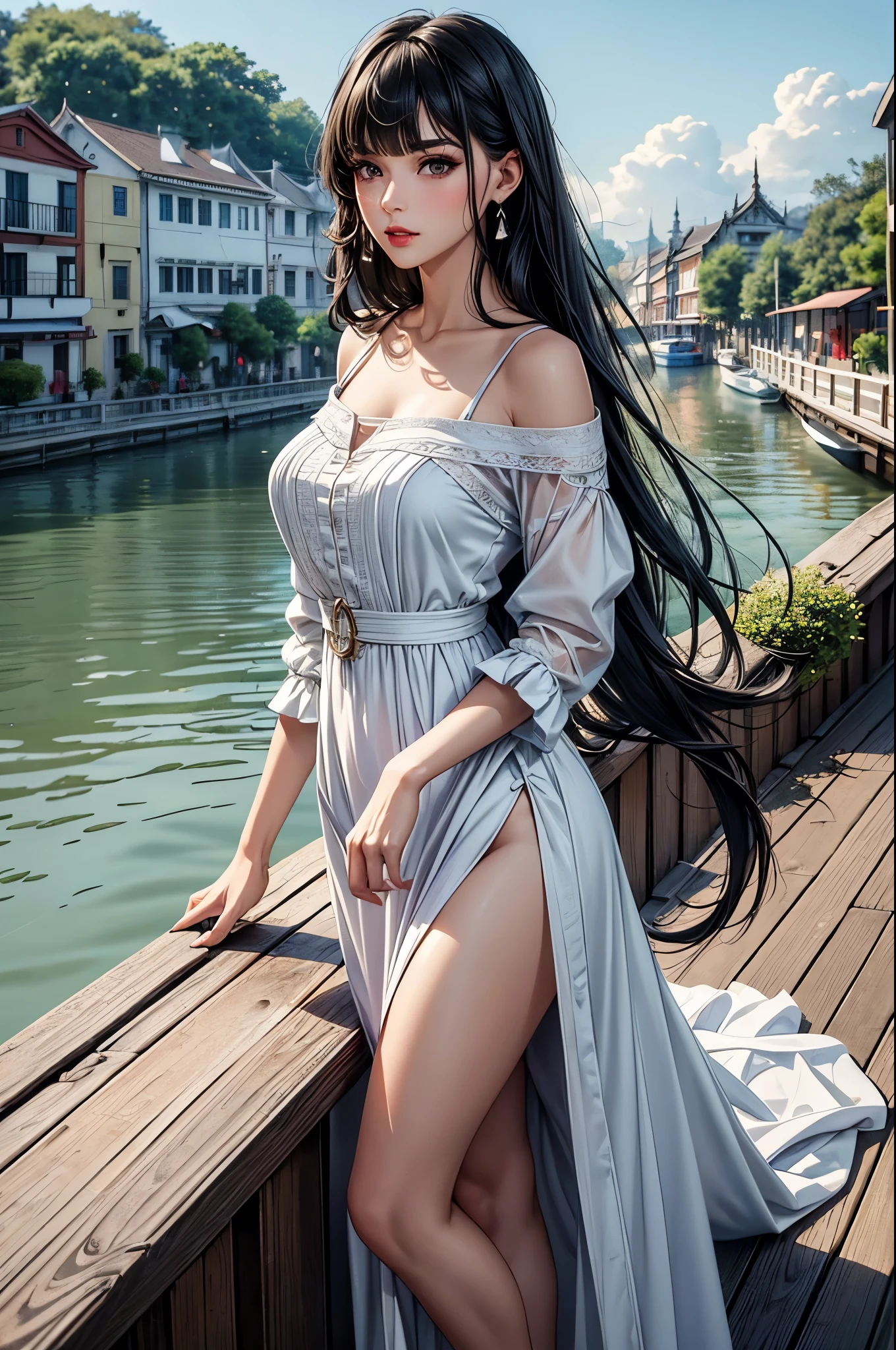 (best quality, 8K, masterpiece:1.3), pretty Woman, 1 girl, beautiful face, (seductive face), Black hair, blunt bangs single sidelock, absurdly long curtained straight hair, white casual dress, Ultra-detailed face, Detailed lips, super detailed eyes, double eyelids, long upper eyelashes, Soft skin, HD skin, Asia, Bangkok, canals, long tail boats, riverside houses, tourist attractions, crowds of tourists, 8k, Super detailed, best quality detail, retina, Ultra-high resolution, masterpiece, ccurate