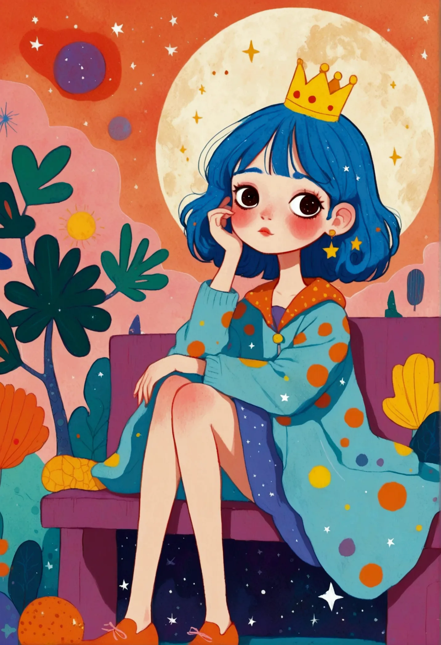 cartoon girl with blue hair and a crown sitting on a bench, procreate illustration, colorful illustration, colorfull illustratio...