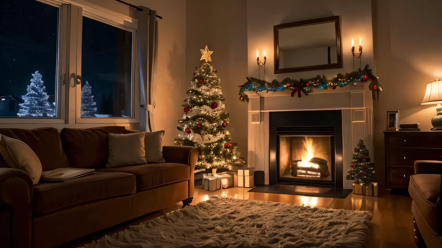 A cozy old house，Illuminated by lightning,，Thunder echoes in the background. Looking out at the warm interior, there is a fire, sofa, Christmas tree, and TV. The TV should be more obvious.