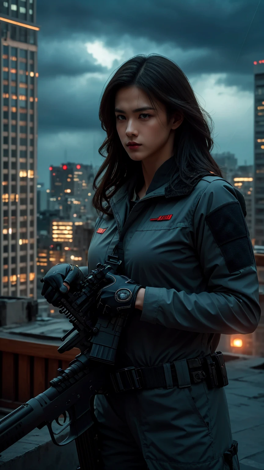 a female sniper veteran assassin, aiming silently at her target from a high-rise building at midnight, (best quality,4k,8k,highres,masterpiece:1.2),ultra-detailed,(realistic,photorealistic,photo-realistic:1.37),dramatic lighting, moody atmosphere, dramatic pose, scoped rifle, tactical gear, night vision, gloved hands, dark rooftop, cityscape, towering skyscrapers, moonlit sky, rain, dramatic shadows